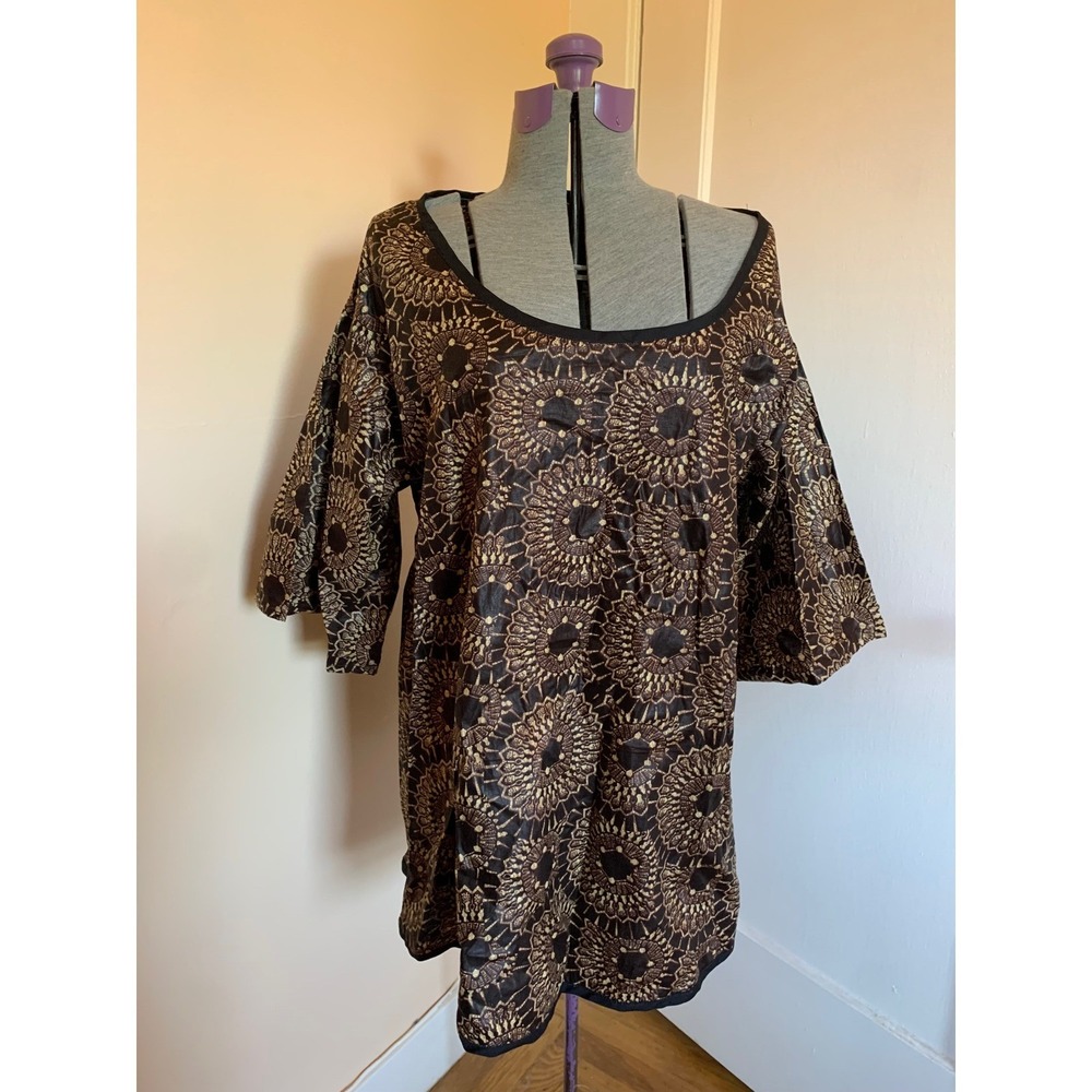 Wax Print Tunic Top Brown Sunburst Mandala Wide Sleeve Scoop Neck Tunic